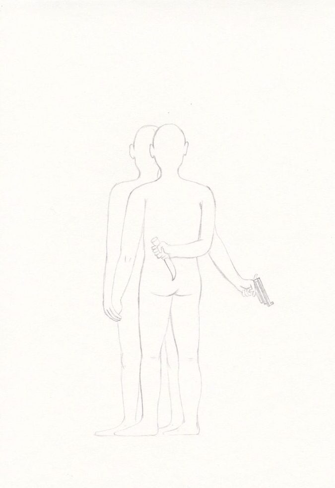 holding gun knife behind back sketch