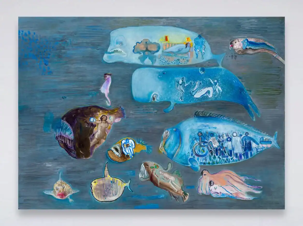 Duan Jianyu abstract painting of whales and marine life with nude figures, UCCA Beijing exhibition 2026